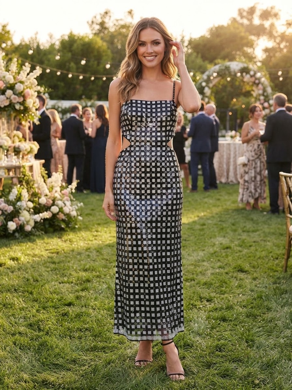 Camille La Vie Black and Silver Sequin Maxi Dress with Side Cutouts